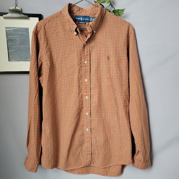 Ralph Lauren Checked Custom Fit Cotton Poplin Oxford Dress Shirt Orange Green L - Picture 1 of 12